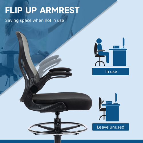 Vinsetto Draughtsman Chair Tall Office Chair w/ Adjustable Footrest, Dark Grey features a flip-up armrest for space-saving.