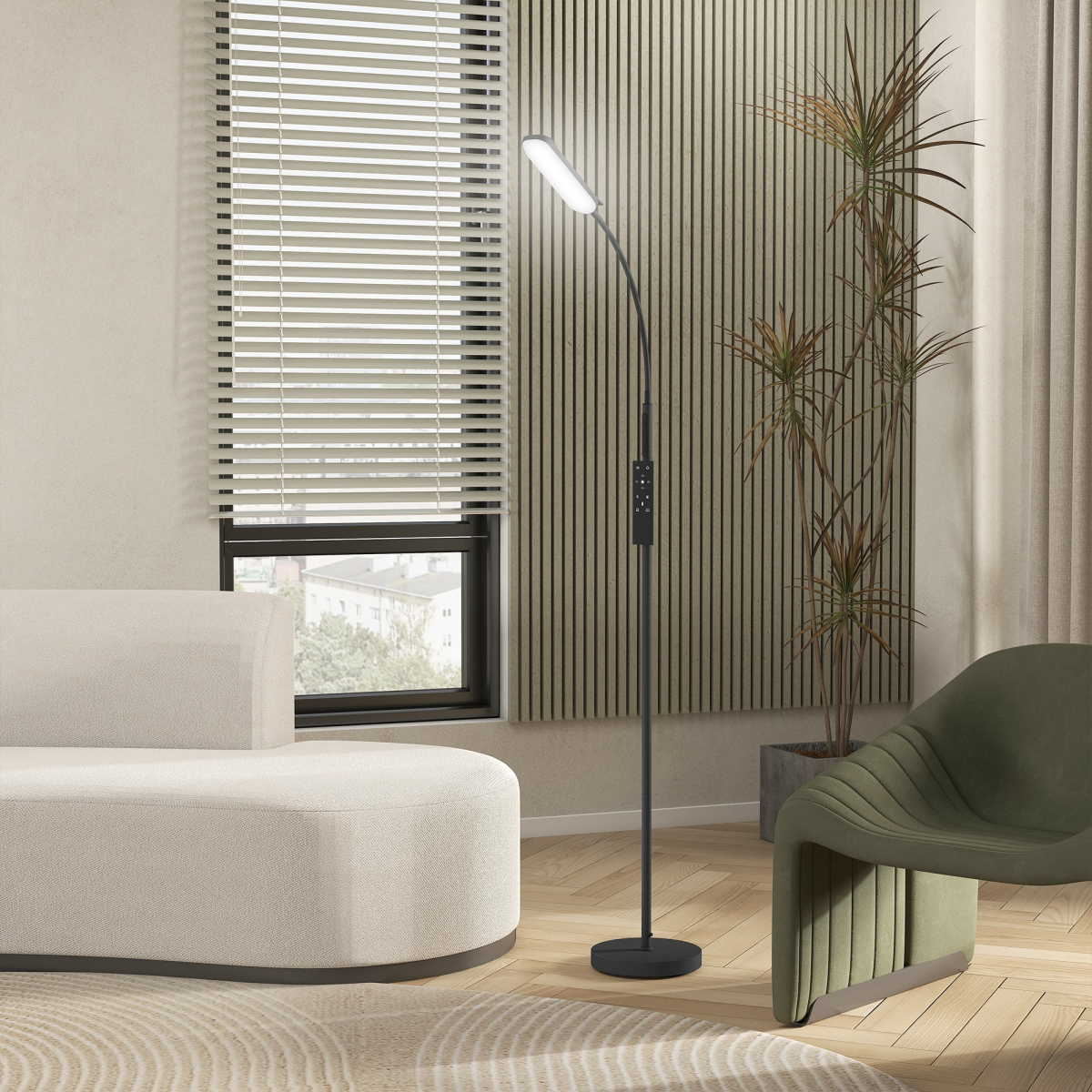 Illuminate your space with the HOMCOM LED Floor Lamp for Living Room with Magnetic Remote Control, Black, featuring five modes.