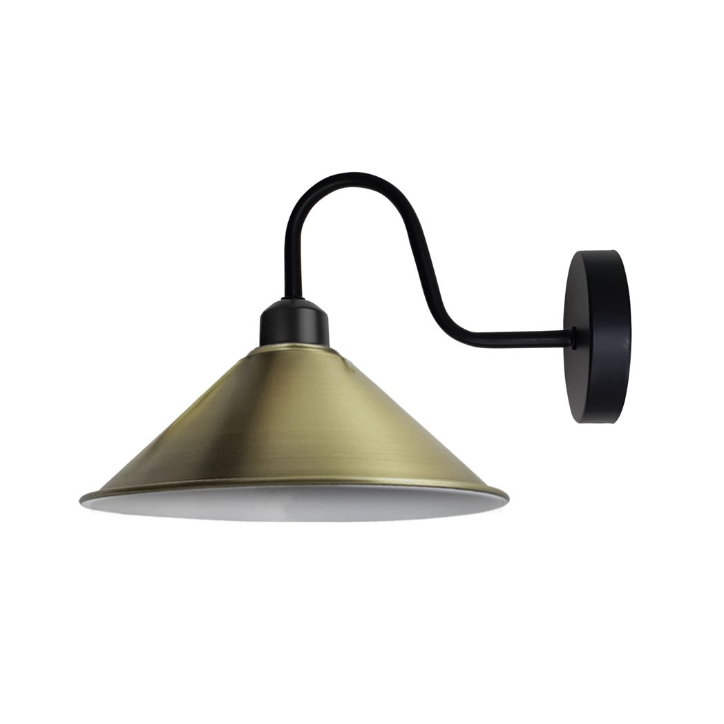 Green Brass Wall Light Cone Shade Swan Neck Sconce For Home with curved black arm and round wall mount.