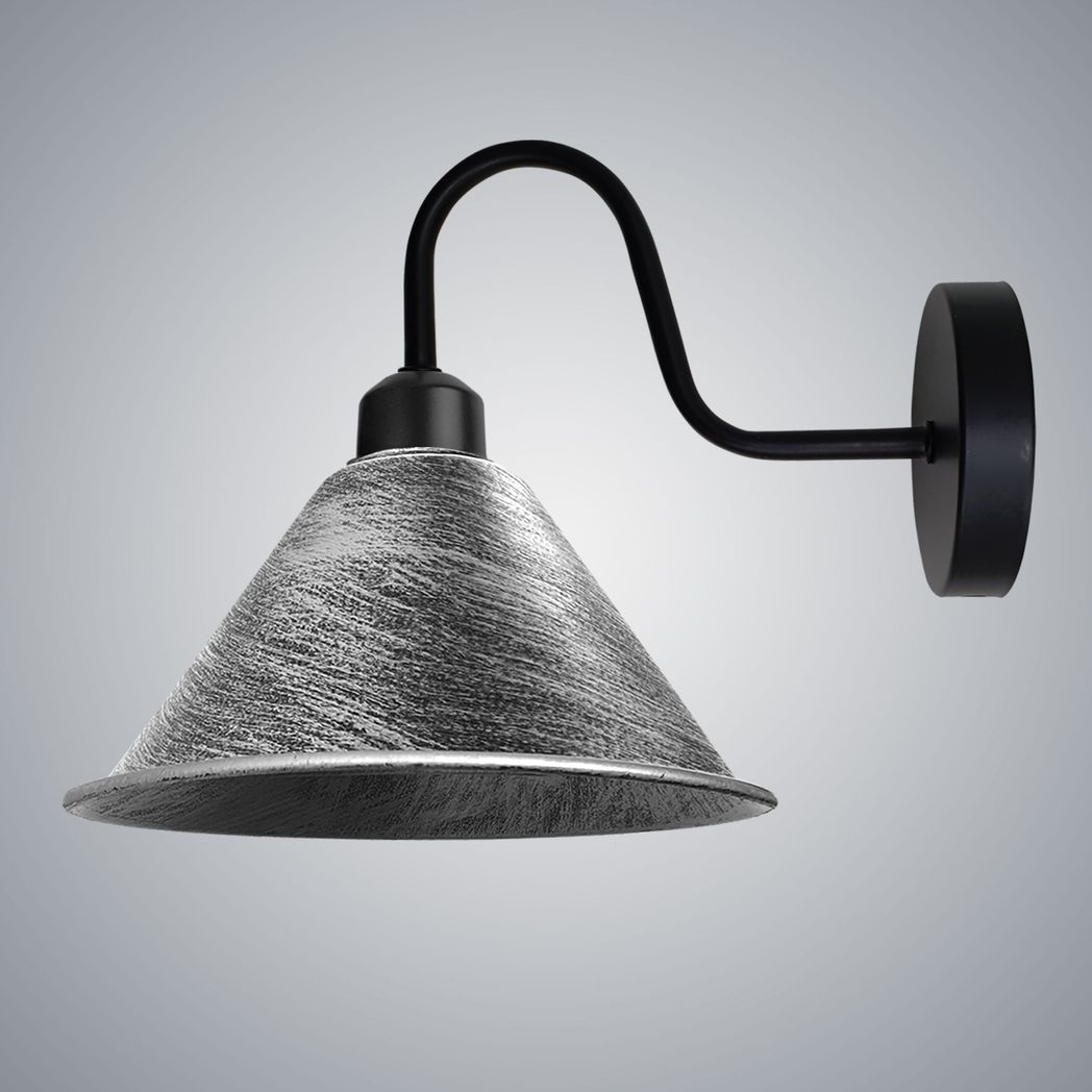 Brushed Silver Wall Light Cone Shade E27 Dimmable Hallway by Home Symphony, curved arm wall sconce with shade
