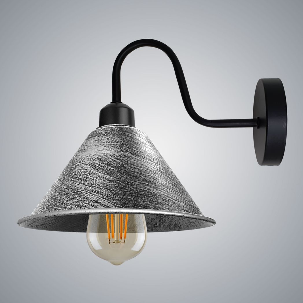Brushed Silver Wall Light Cone Shade E27 Dimmable Hallway by Home Symphony, wall-mounted with curved black arm.