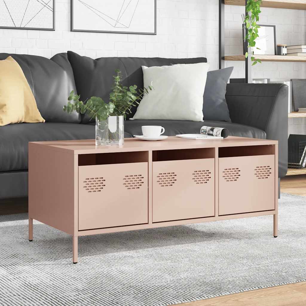 vidaXL Pink Coffee Table 101.5x50x43.5 Cm Cold Rolled Steel Industrial With Three Storage Cabinets For Living Room