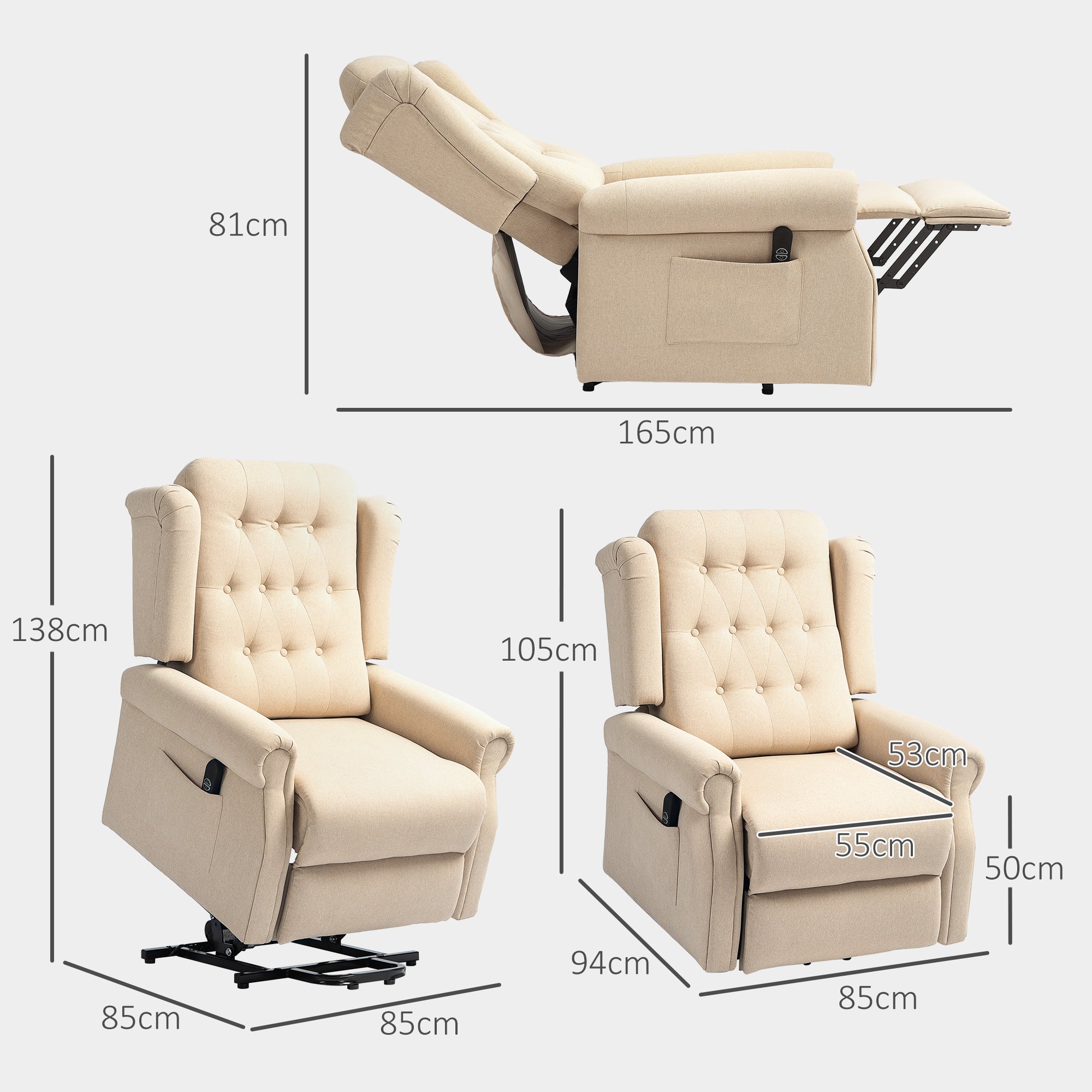 HOMCOM Power Lift Recliner Armchair with Wingback, Button Tufted, Beige - Home Symphony