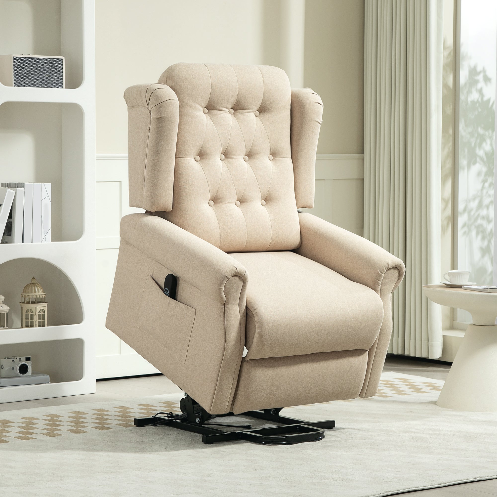 HOMCOM Power Lift Recliner Armchair with Wingback, Button Tufted, Beige - Home Symphony