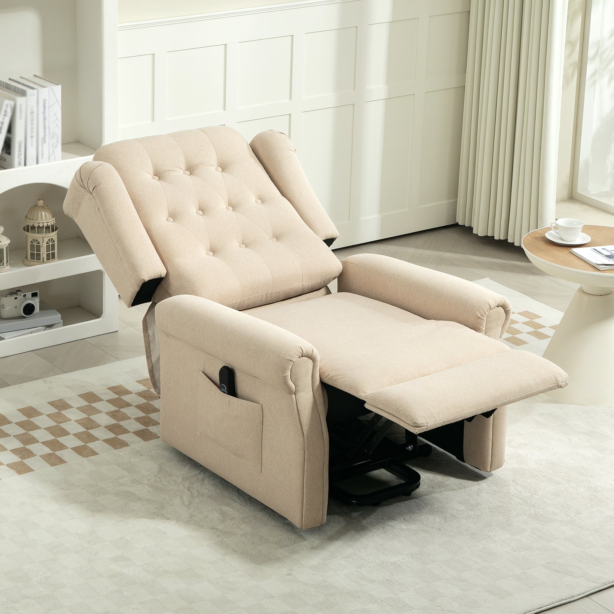 HOMCOM Power Lift Recliner Armchair with Wingback, Button Tufted, Beige - Home Symphony