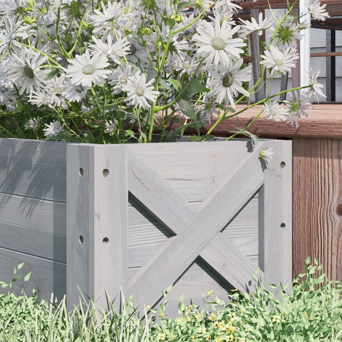 Outsunny raised bed planter 100x36.5x36cm in gray wood, filled with white daisies.