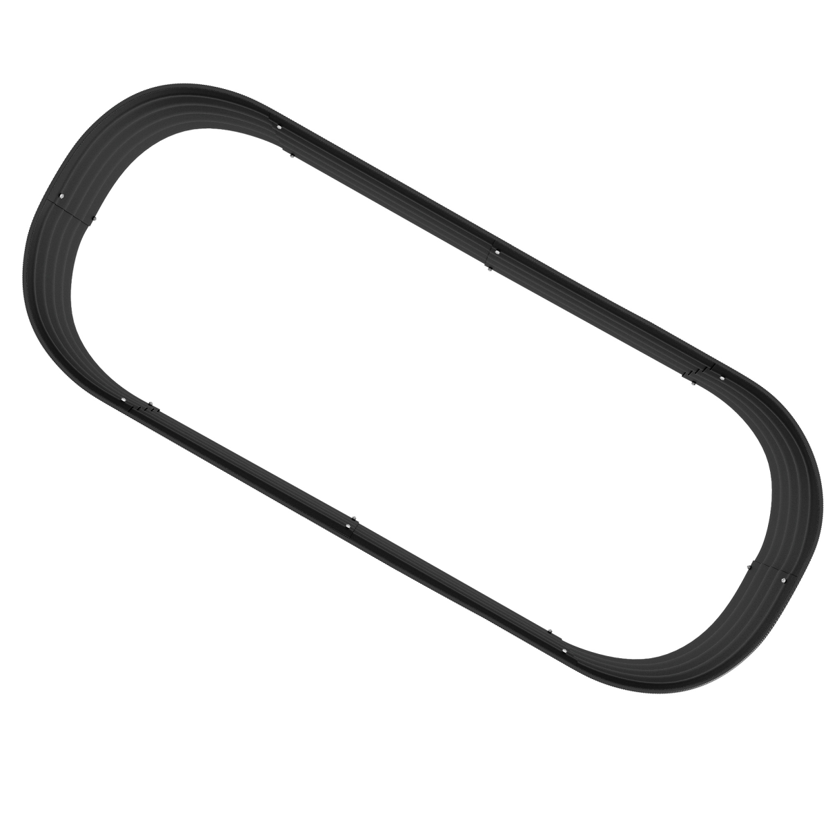 Black galvanised steel safety edging for raised garden bed, curved oval profile with screws.