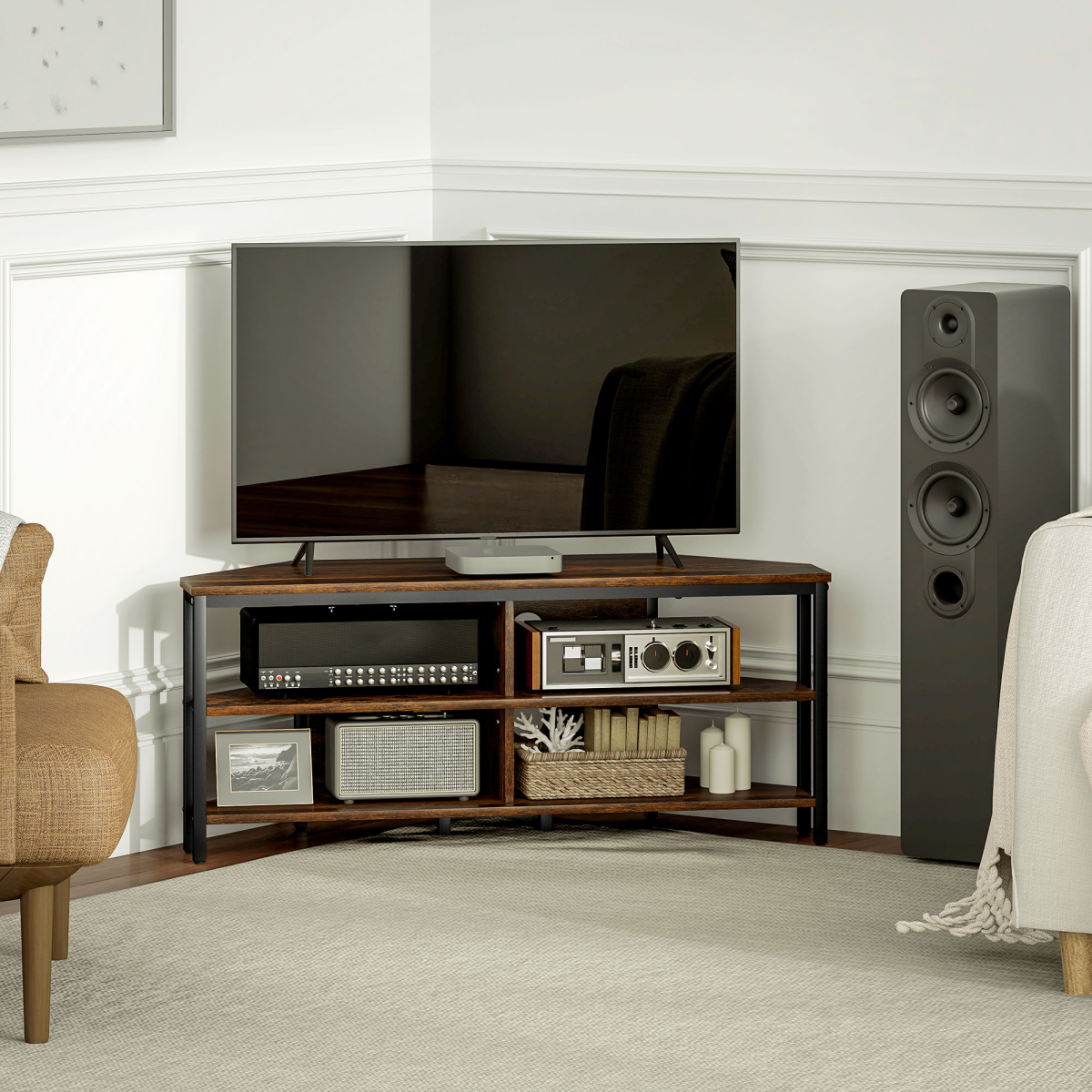 HOMCOM 50in corner TV stand shelves rustic brown with black metal frame, holding a flat-screen TV and audio gear.