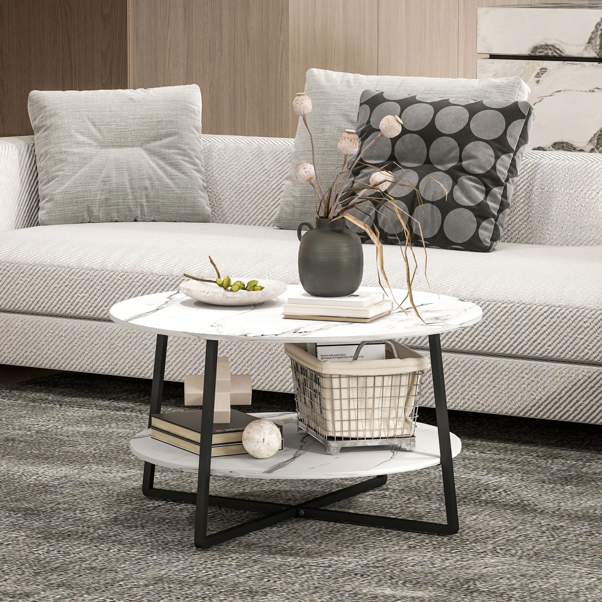 HOMCOM Round Coffee Table 90 cm Diameter Marble Effect Top Storage Shelf Two Tier Ideal for Living Rooms by HOMCOM