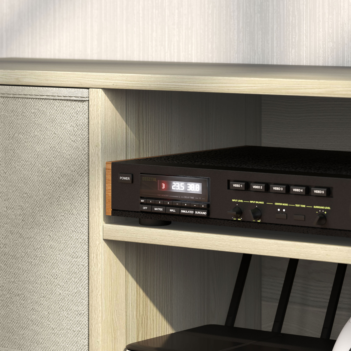 Light wood HOMCOM modern TV cabinet with open shelf and two removable fabric drawers, shown with a stereo receiver