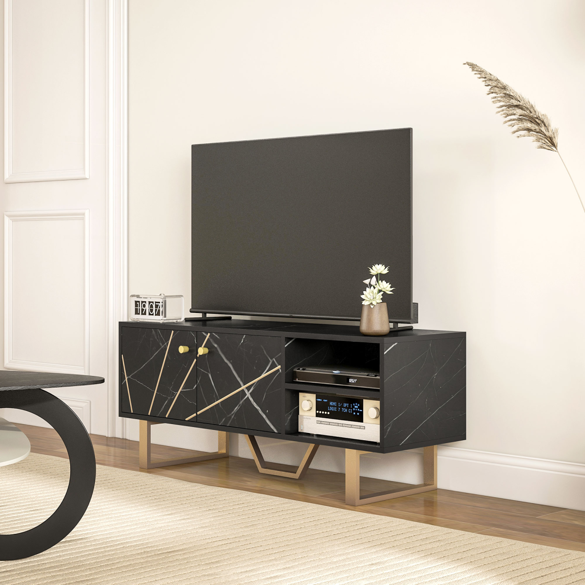 HOMCOM black marble TV unit with storage, two shelves and a cupboard, gold legs, TV on top.
