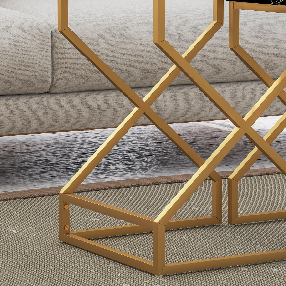 HOMCOM HOMCOM Nest Of Tables Two Piece Set Marble Effect Tops Gold Tone Steel Frame For Living Room - Coffee Table