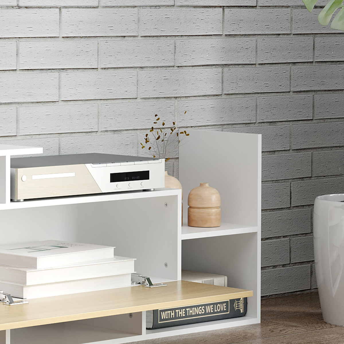 HOMCOM white TV cabinet with a floating shelf, modern two-piece media storage for a 65-inch TV