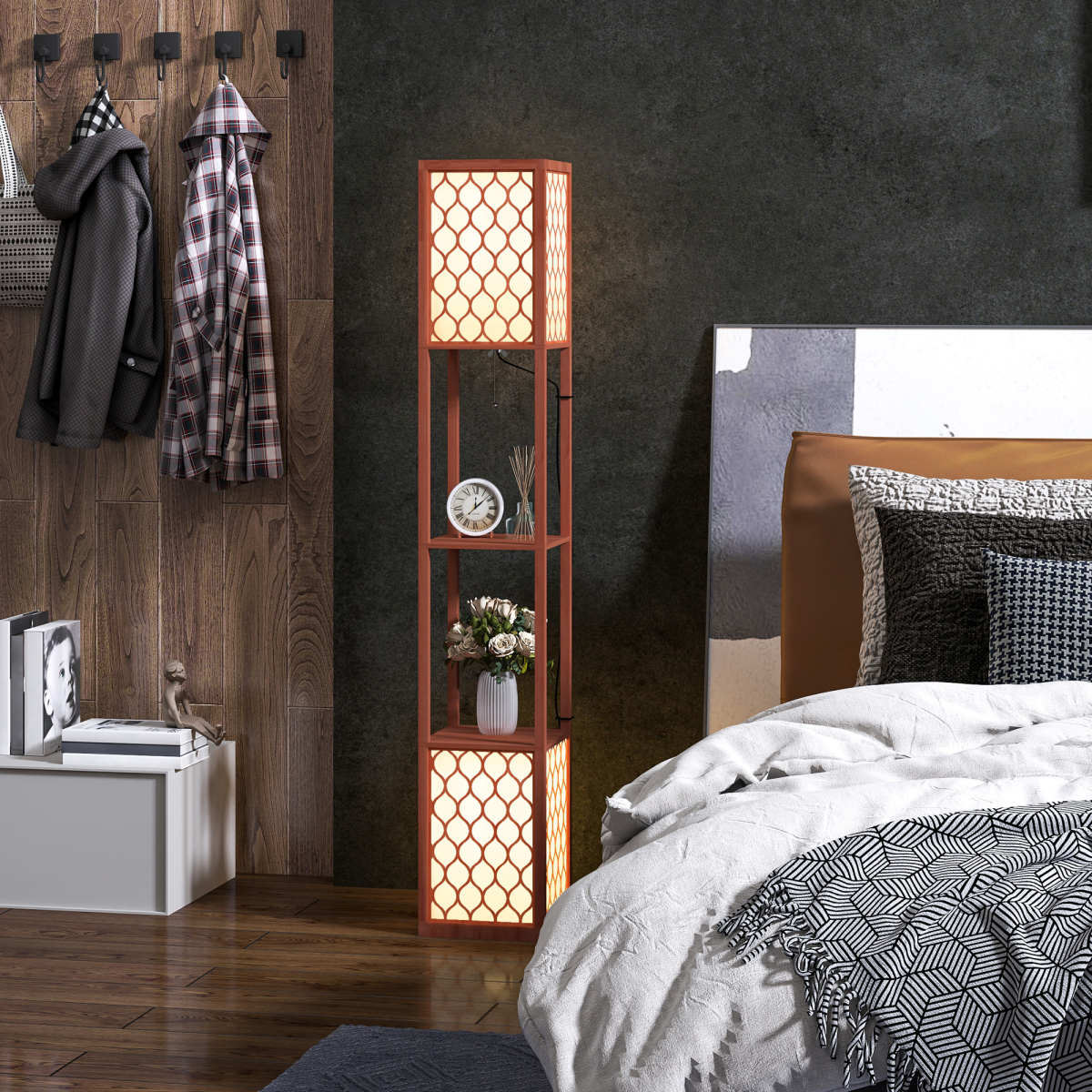 Stylish HOMCOM 2-Light Modern Floor Lamp with Shelves for Living Room, Bedroom, Brown, enhancing decor with soft lighting.