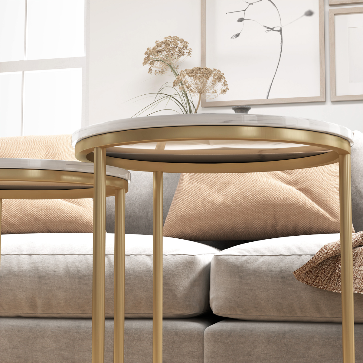 HOMCOM Nesting Coffee Tables Set of 2 With Marble Look Tops and Gold Frames for Modern Living Room - HOMCOM - Home Symphony