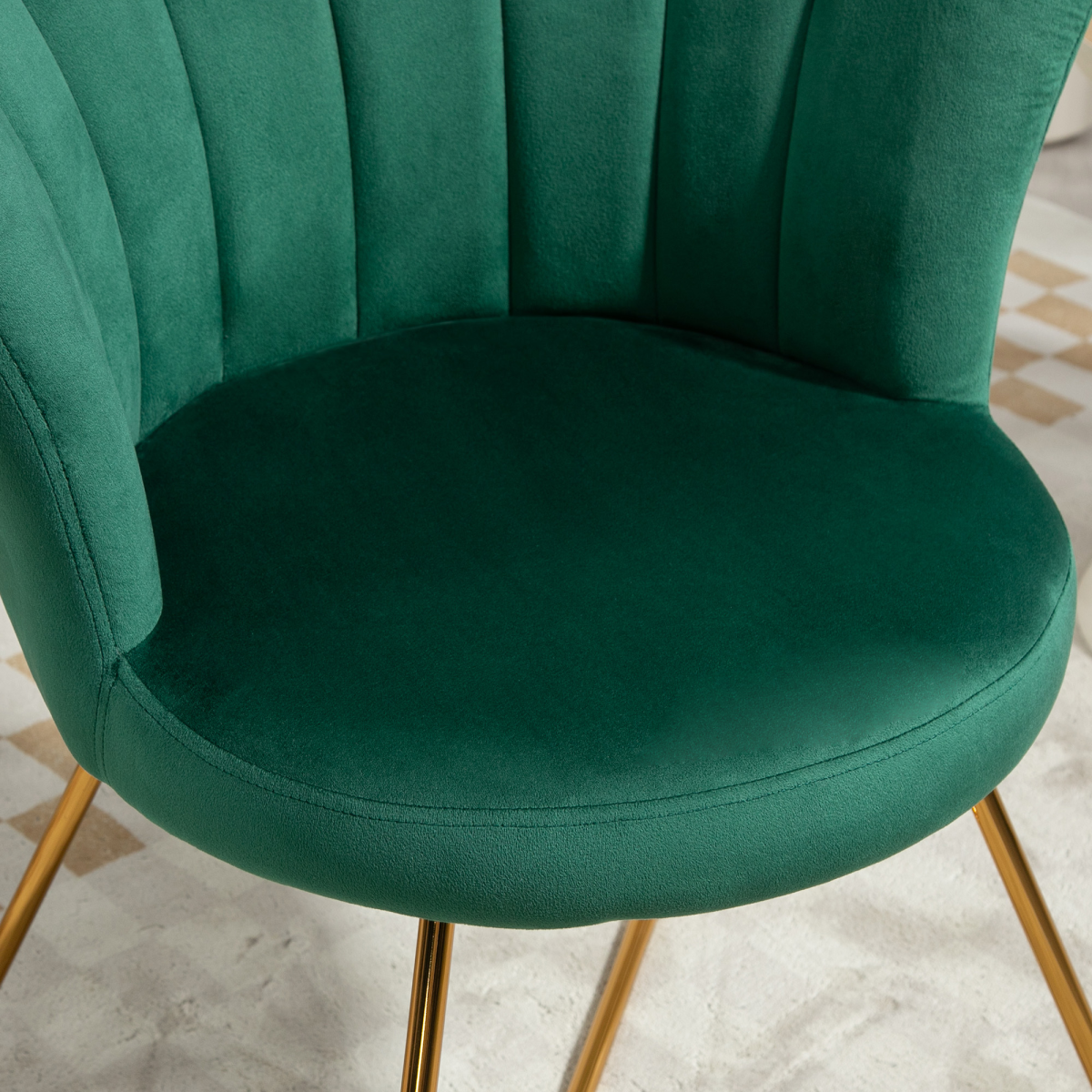 Green velvet HOMCOM lotus-backrest accent chair with gold legs for living room.
