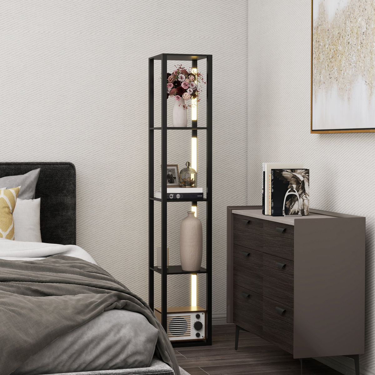 Stylish HOMCOM Floor Lamp for Living Room, Standing Lamp with Foot Switch, Black, enhancing cozy atmospheres and storage.