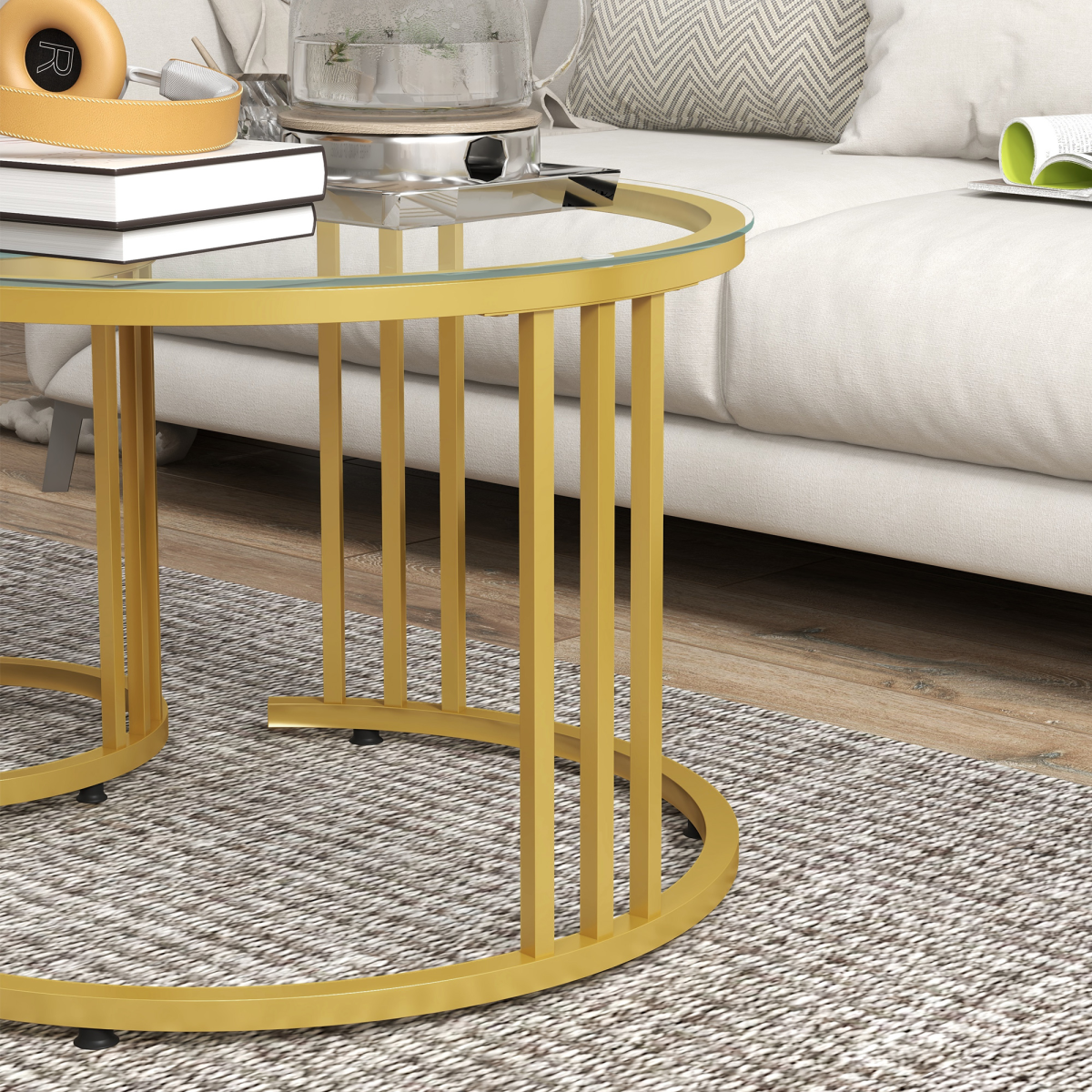 HOMCOM Nesting Coffee Tables Two Piece Set Tempered Glass Tops Gold Art Deco Living Room Decor - HOMCOM - Home Symphony