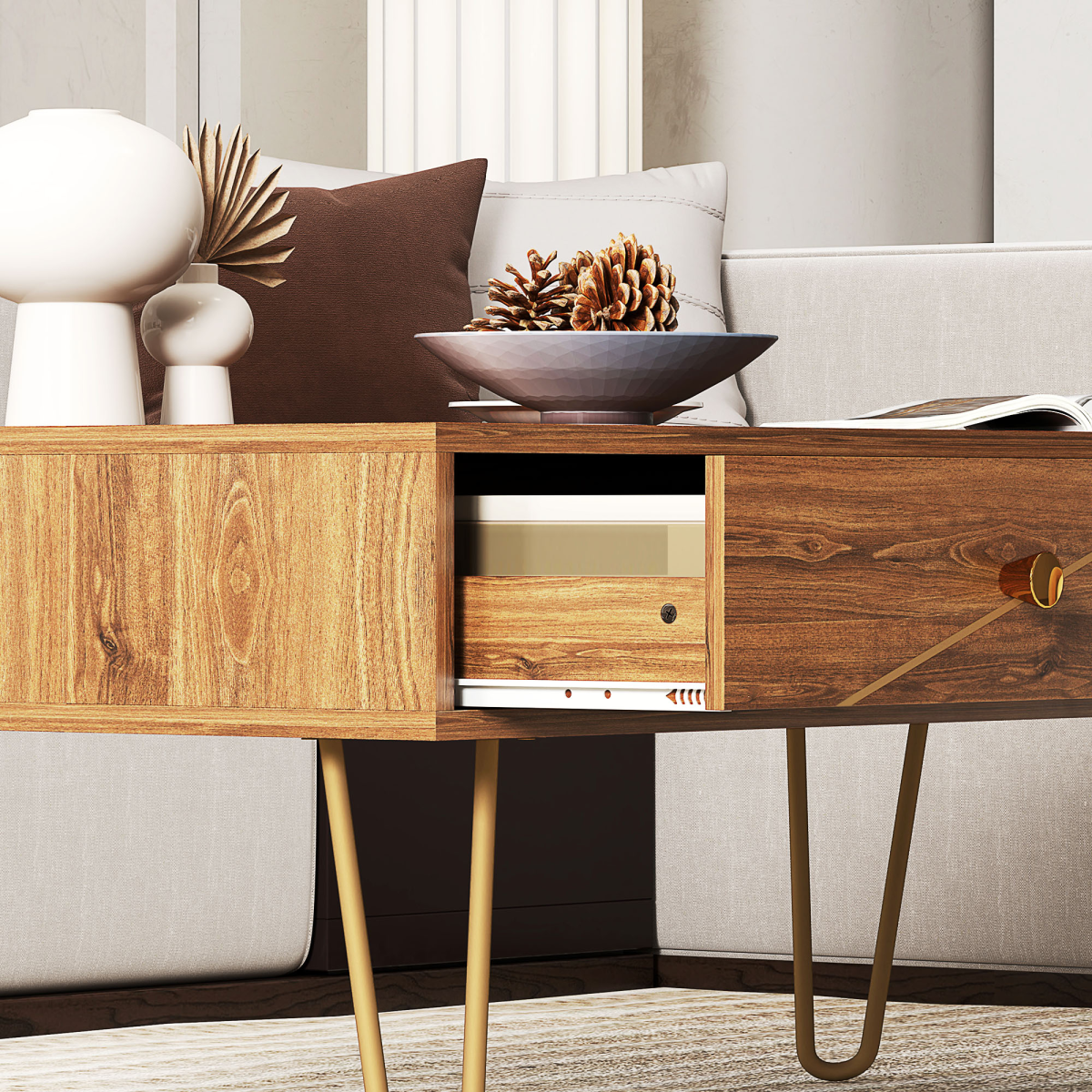 HOMCOM Coffee Table Long Woodgrain Finish With Two Drawers Gold Hairpin Legs Living Room - HOMCOM - Home Symphony