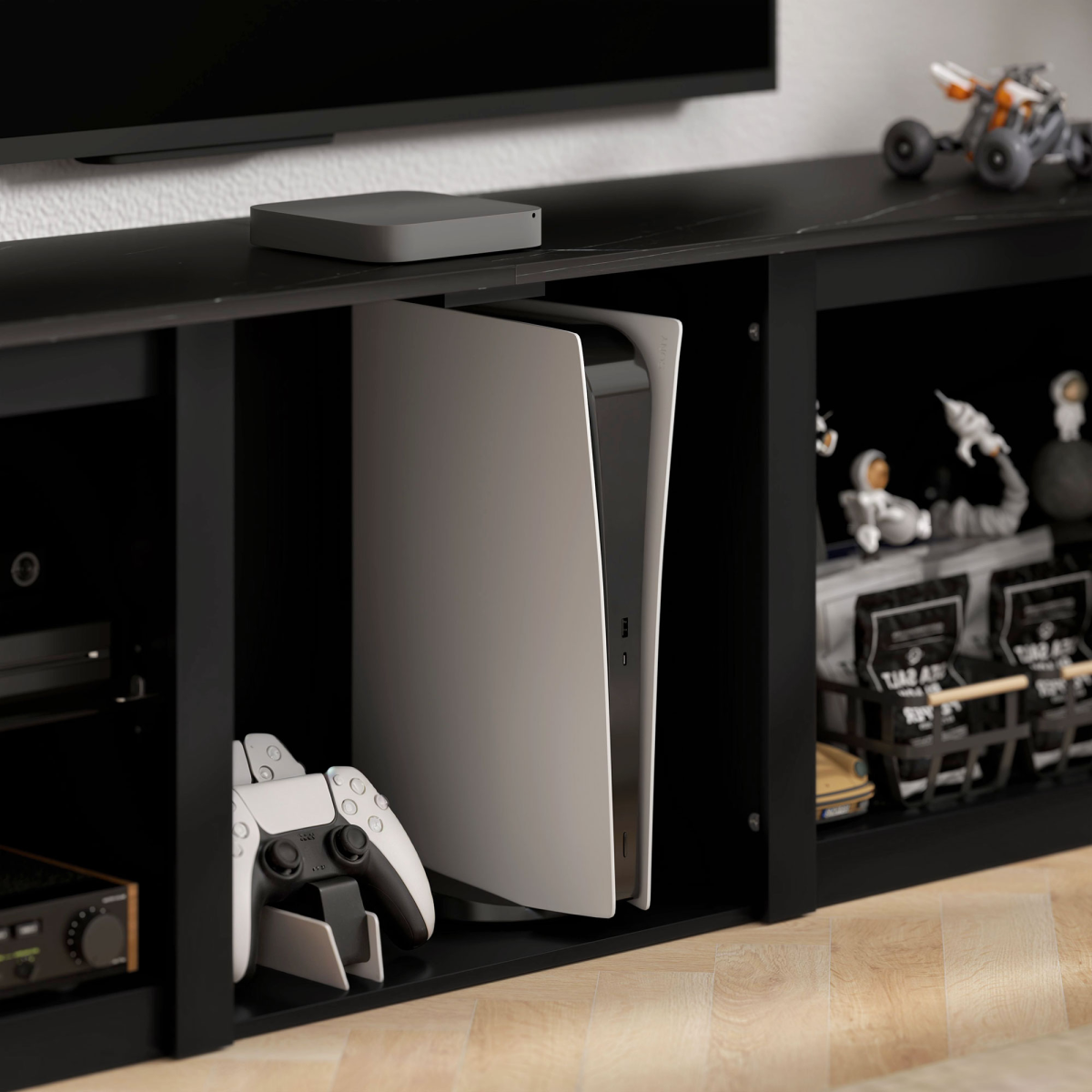 HOMCOM 160cm black TV unit with marble-effect top and seven-colour LED lighting for up to 65-inch TVs.
