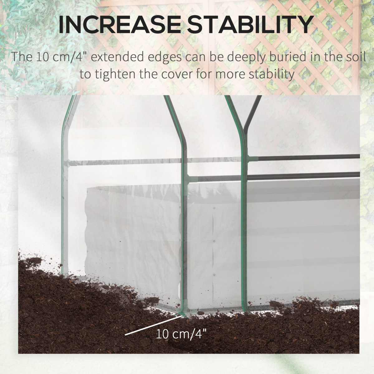 Premium steel raised garden bed with dual-use greenhouse frame; buried 10 cm edges for stability, soil foreground.