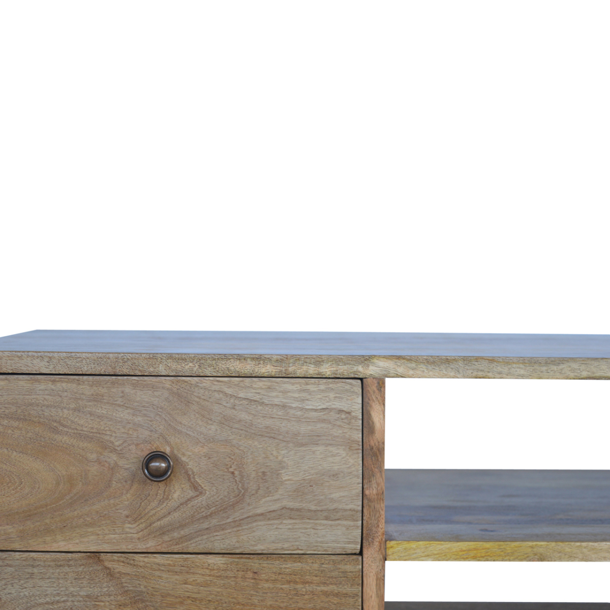 Artisan solid wood Nordic TV console with four drawers and wide top in a natural finish.