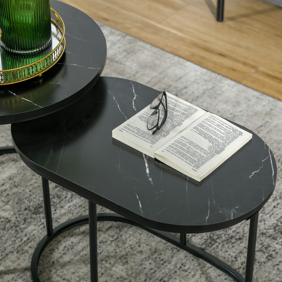 HOMCOM Two Piece Marble Top Side Tables Round And Oval Black Steel Frames Living Room Set