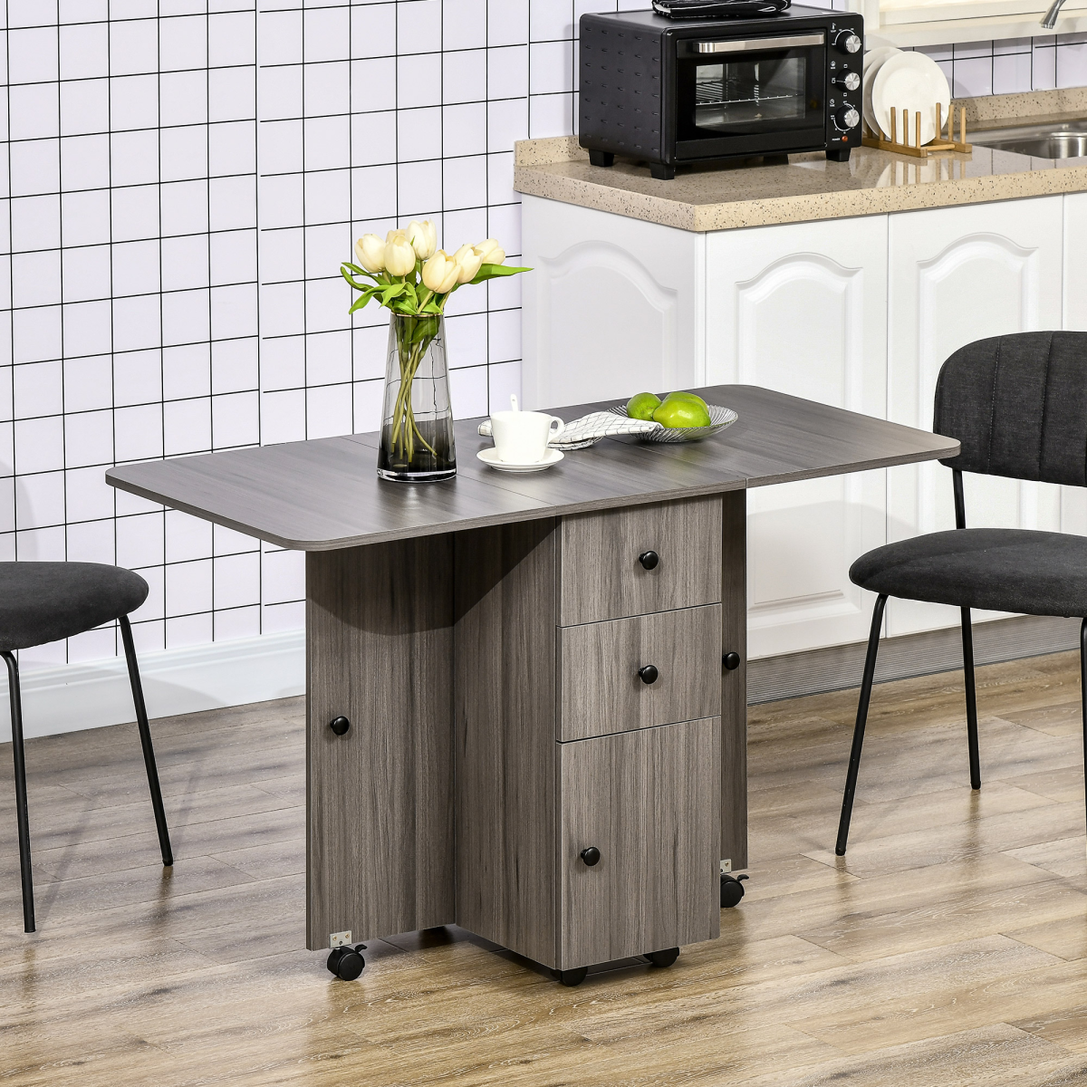 HOMCOM Drop Leaf Table Grey Wood Compact Drawers Apartments - HOMCOM - Home Symphony