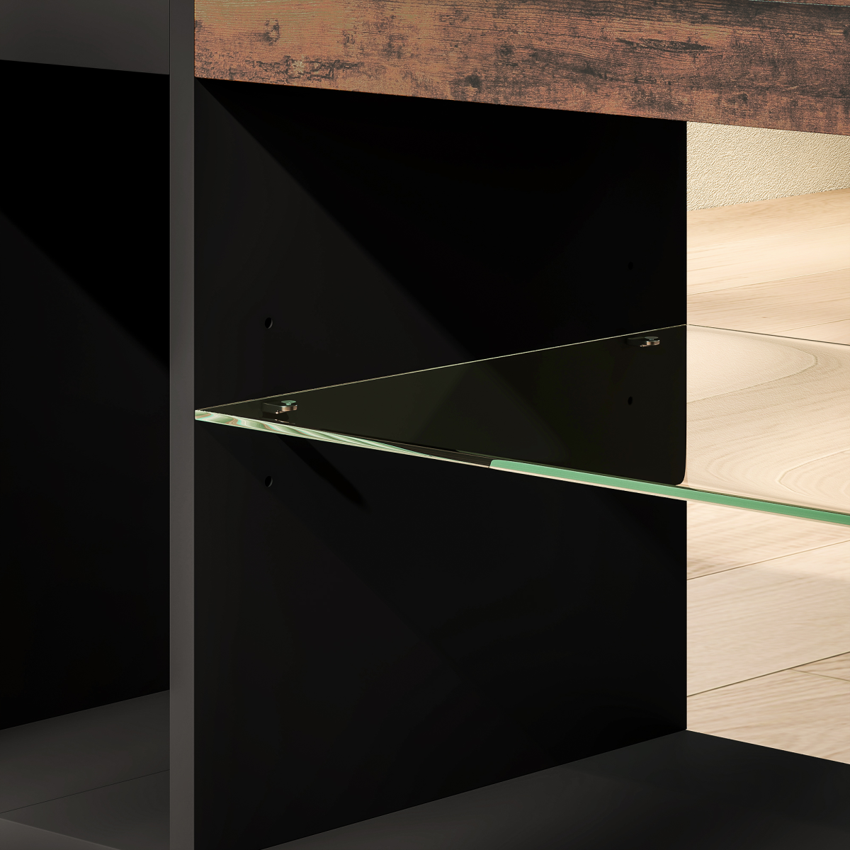 Interior of HOMCOM 140cm TV stand: black cabinet with glass shelf and wood-toned top.