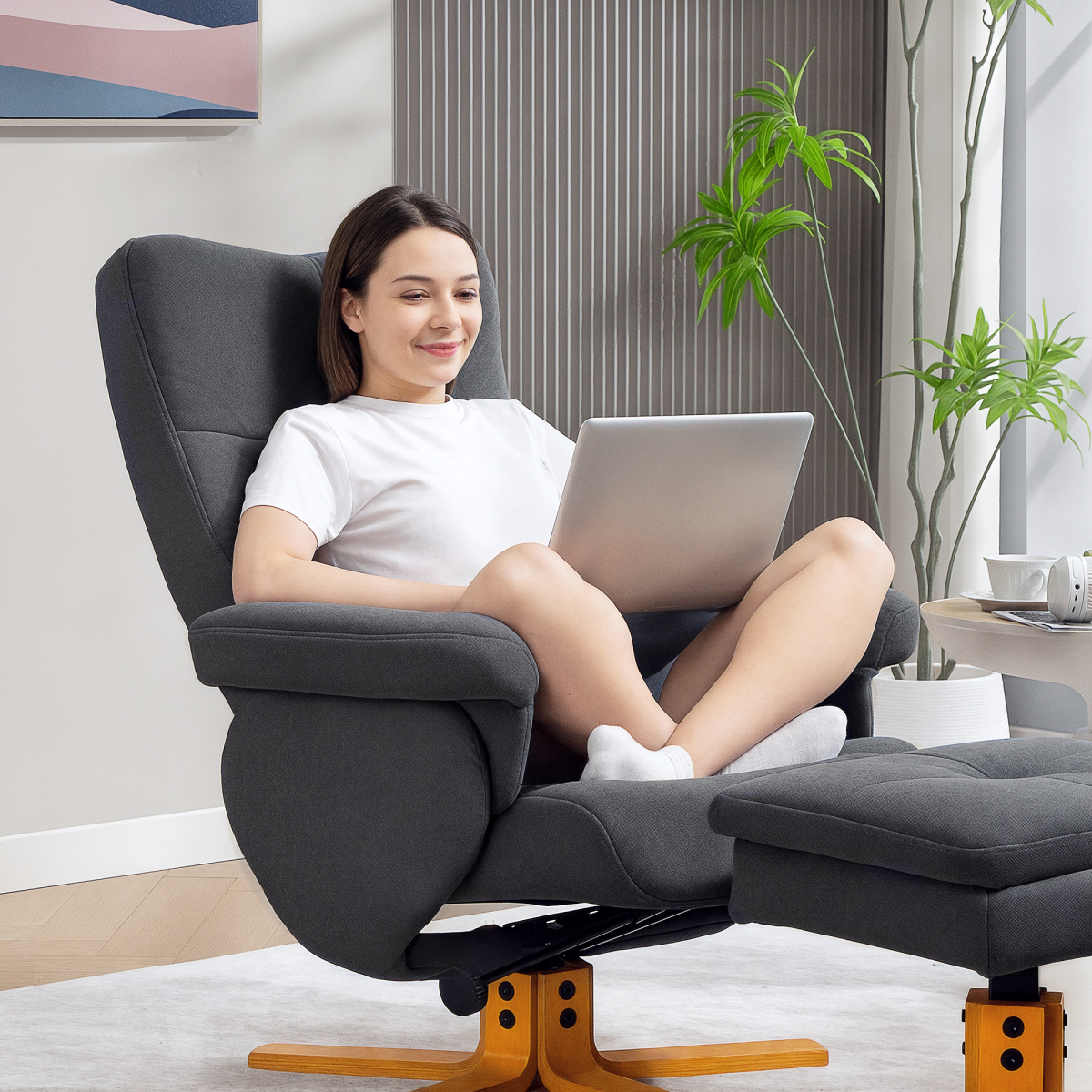 HOMCOM Linen Recliner Chair Wood Base 145 Degree Living Room - HOMCOM - Home Symphony