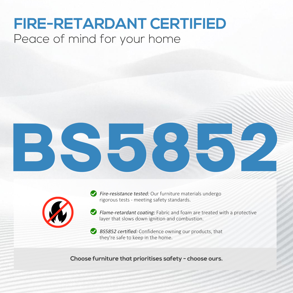 BS5852 fire-retardant certification infographic with green check marks and safety notes.