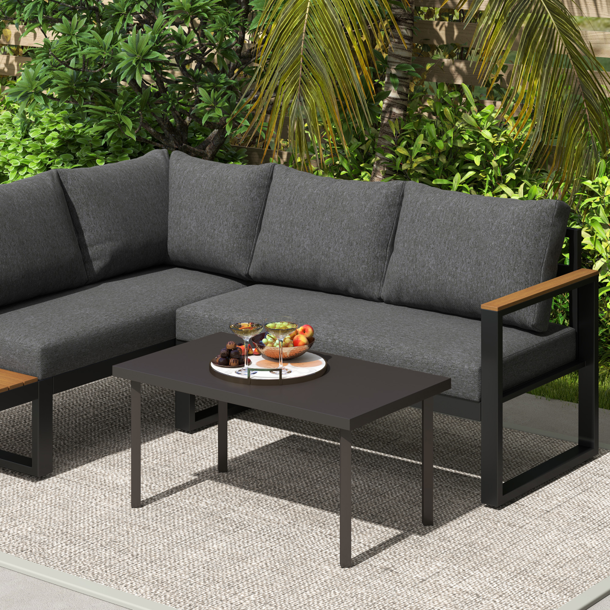 Outsunny Metal Garden Coffee Table 95x55 cm Tabletop Woodgrain Finish for Outdoor Patio - Outsunny - Home Symphony