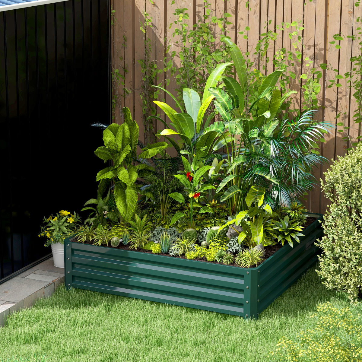 Premium raised garden bed 120x120 cm with open-bottom design, lush vegetables and herbs in a backyard.