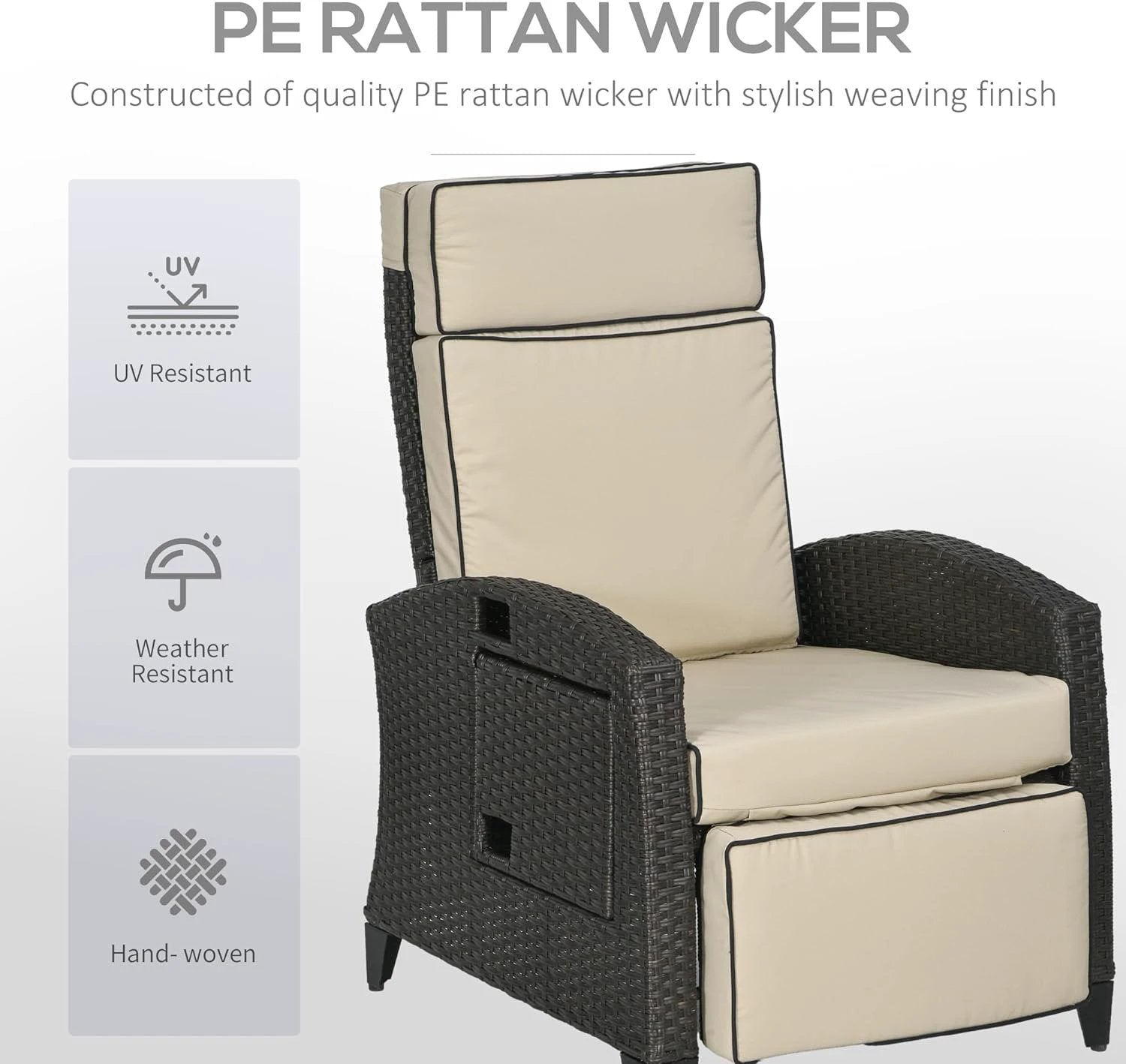 Outsunny Outdoor Recliner Chair with Cushion Rattan Reclining Lounge Chair by Outsunny