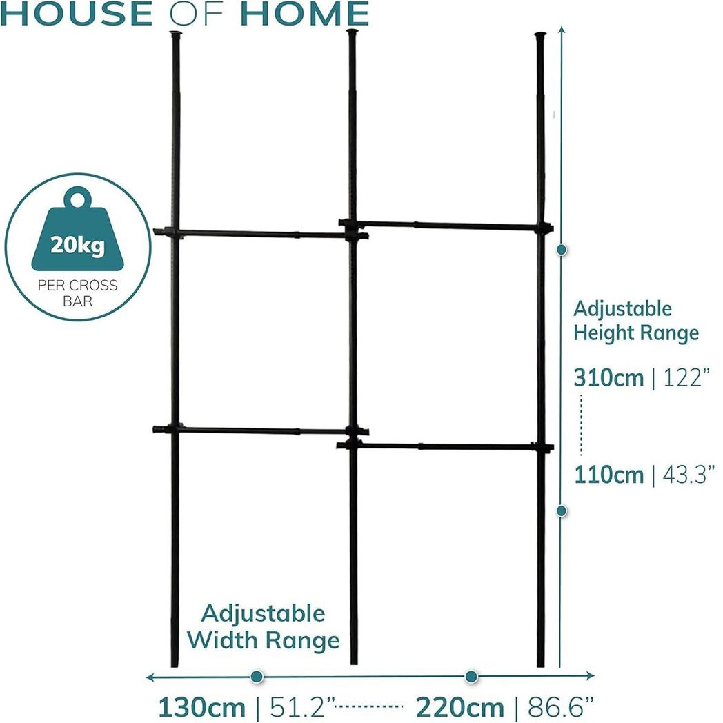 Double Black Telescopic Wardrobe Organiser Hanging Rail Clothes Rack Adjustable Storage Shelving - Direct Online Houseware - Home Symphony