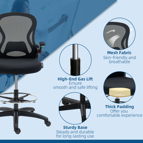 Vinsetto Draughtsman Chair Tall Office Chair w/ Adjustable Footrest Ring Black offers comfort and support for high surfaces.