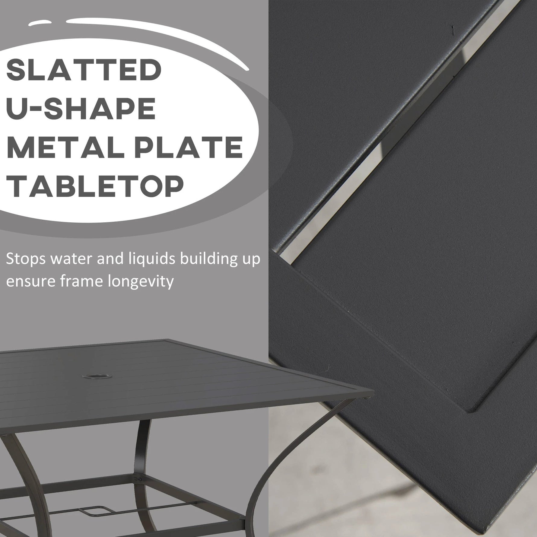 Outsunny Outsunny Garden Table with Parasol Hole for Four, Slatted Metal Plate Top Grey - Garden Table
