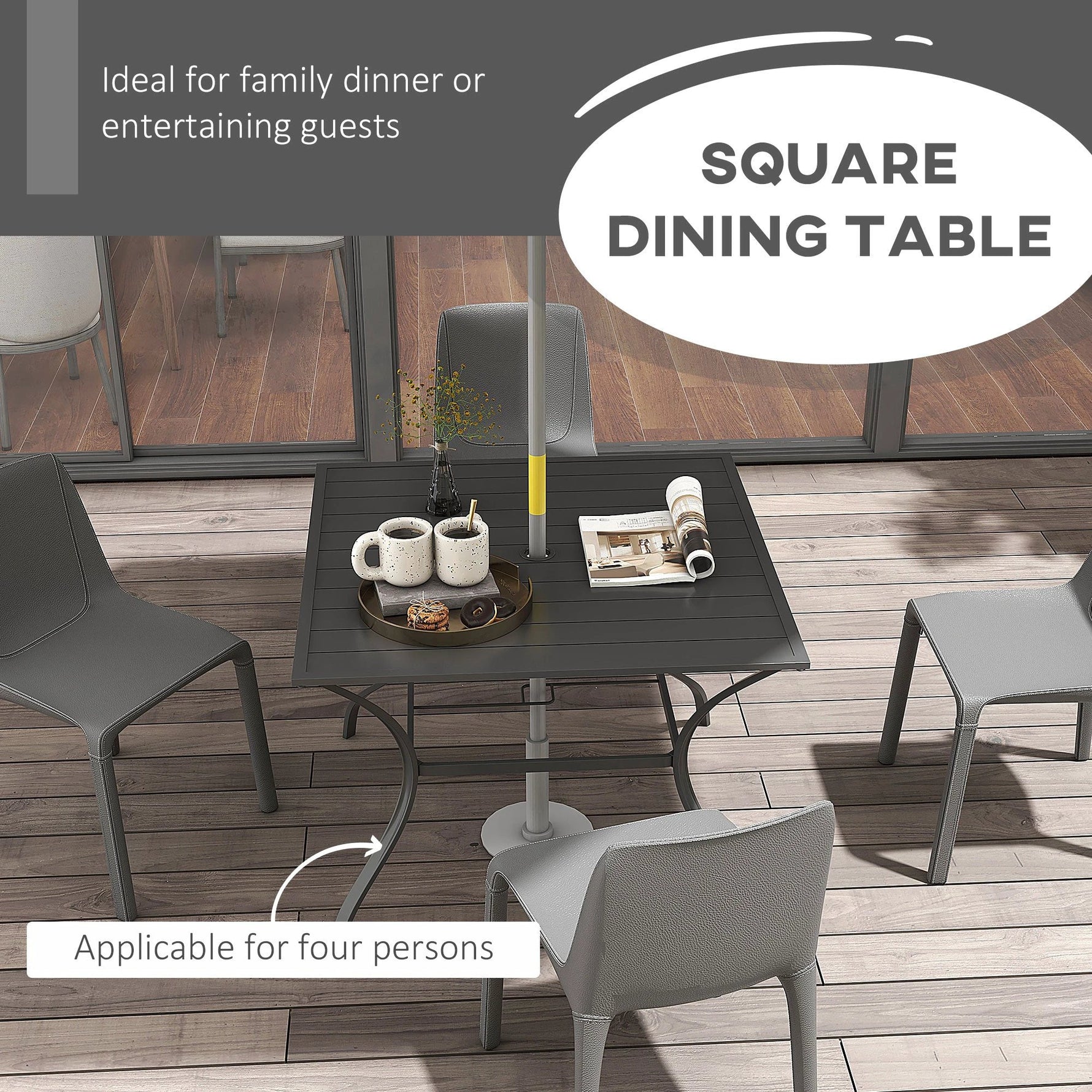 Outsunny Outsunny Garden Table with Parasol Hole for Four, Slatted Metal Plate Top Grey - Garden Table