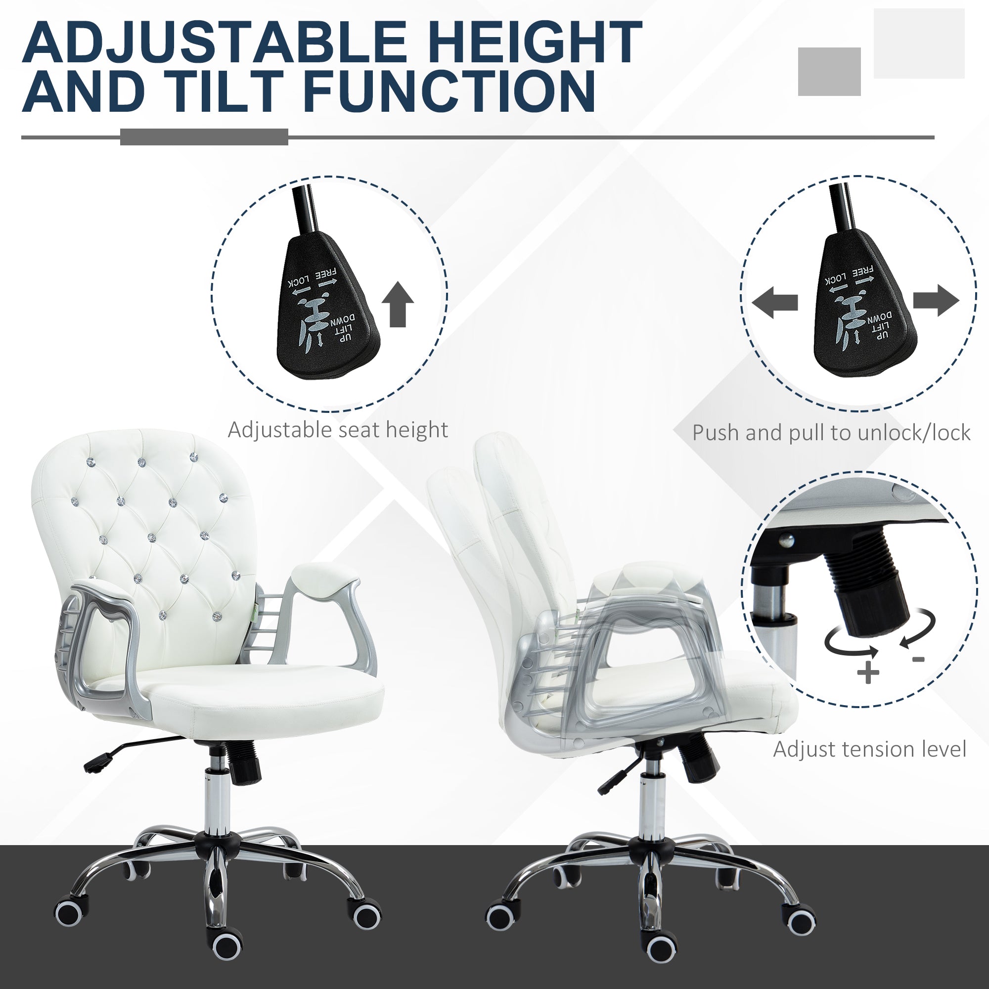 Stylish Vinsetto Office Chair PU Diamante Padded Ergonomic 360° Swivel, featuring adjustable height and tilt functions.