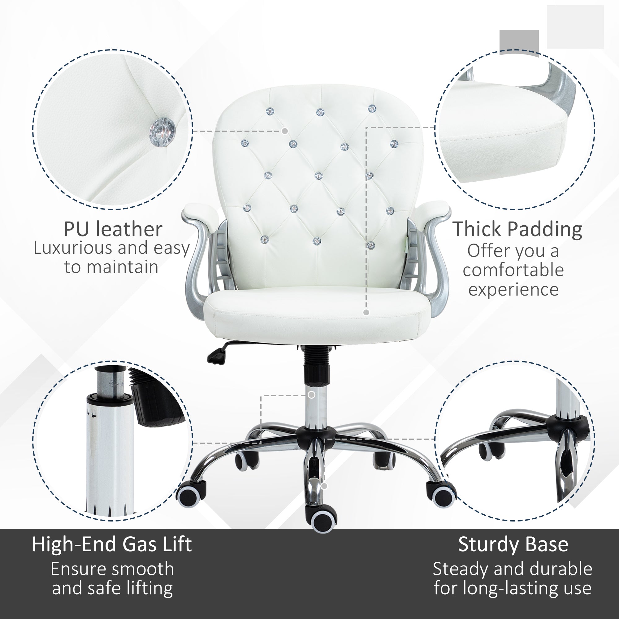 Stylish Vinsetto Office Chair PU Diamante Padded Ergonomic 360° Swivel features plush padding and sleek design.