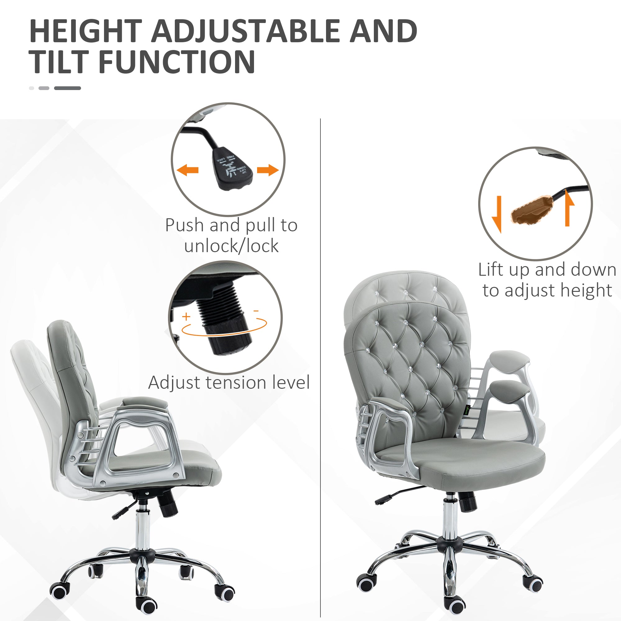 Vinsetto Office Chair PU Diamante Padded Ergonomic 360° Swivel offers adjustable height and stylish support for any workspace.
