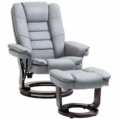 Swivel Manual Recliner and Footrest Set PU Lounge Chair Wood Base, Grey - Home Symphony