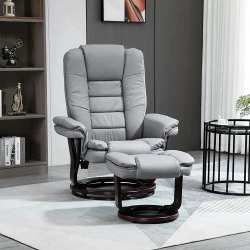 Swivel Manual Recliner and Footrest Set PU Lounge Chair Wood Base, Grey - Home Symphony