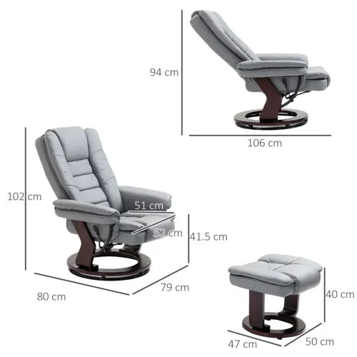 Swivel Manual Recliner and Footrest Set PU Lounge Chair Wood Base, Grey - Home Symphony