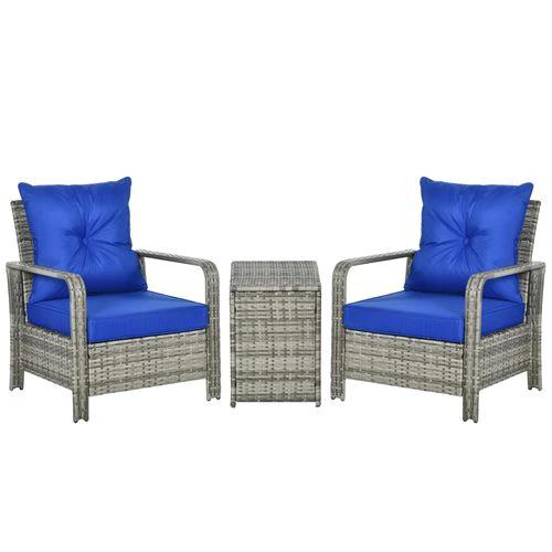 Outsunny 3 PCs PE Rattan Garden Sofa Set w/ 2 Chairs & Storage Table Mixed Grey - Garden Sofa Sets