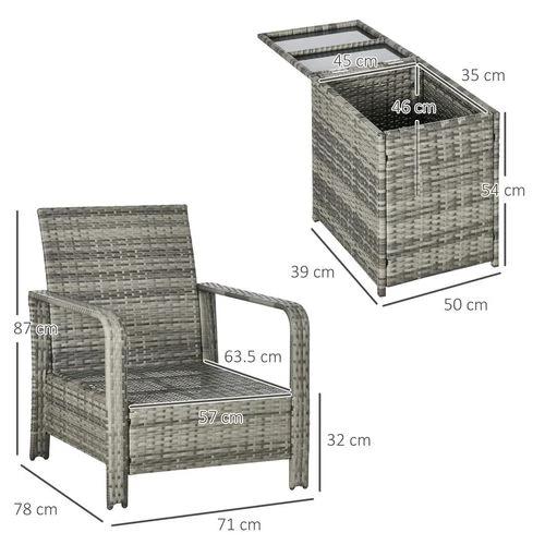 Outsunny 3 PCs PE Rattan Garden Sofa Set w/ 2 Chairs & Storage Table Mixed Grey - Garden Sofa Sets