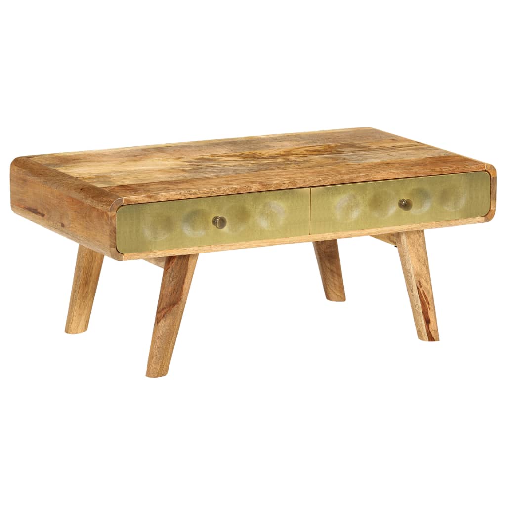 Quality Mango Wood Coffee Table 90x50x40 Cm with Gold Front Drawers for Retro Living Room