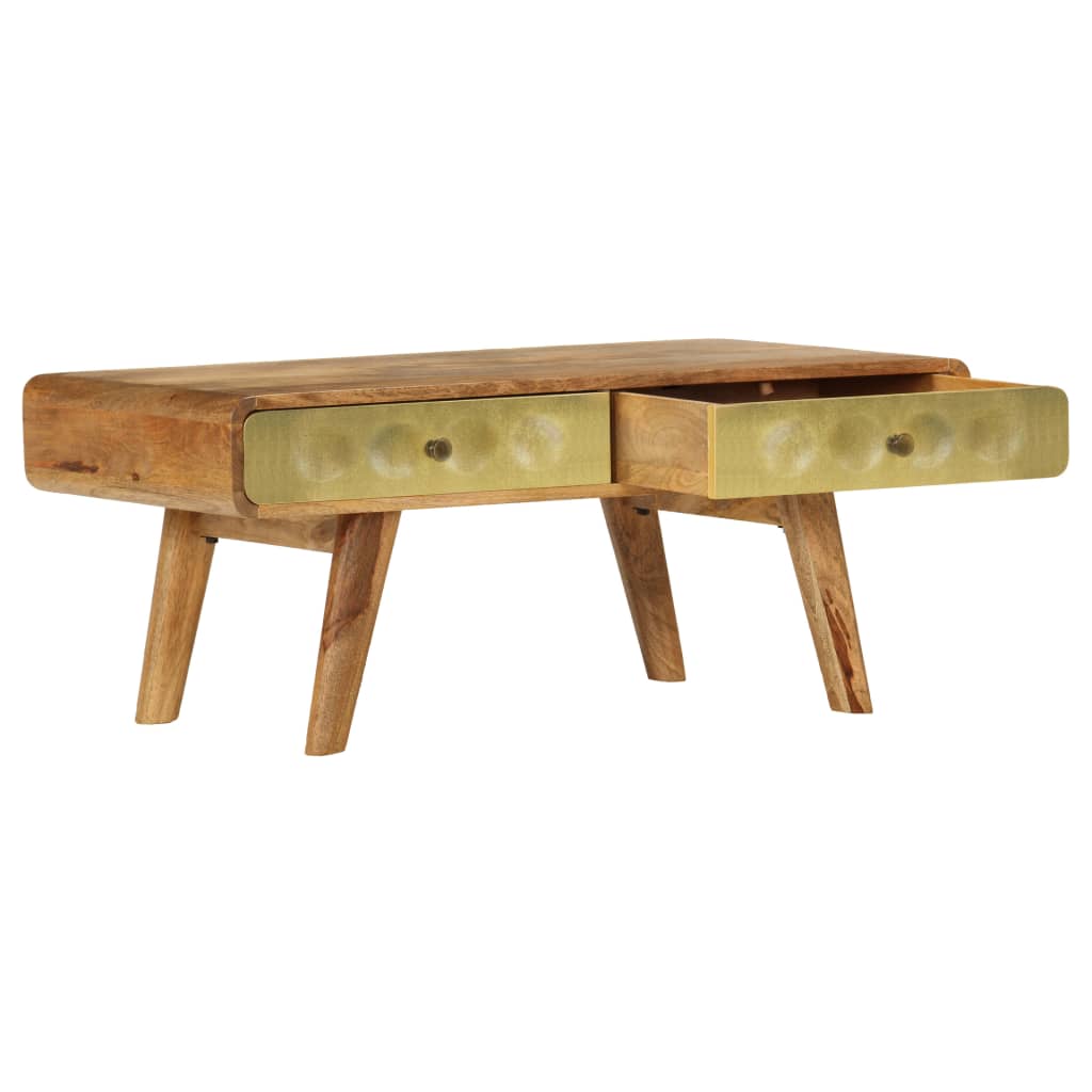 Quality Mango Wood Coffee Table 90x50x40 Cm with Gold Front Drawers for Retro Living Room
