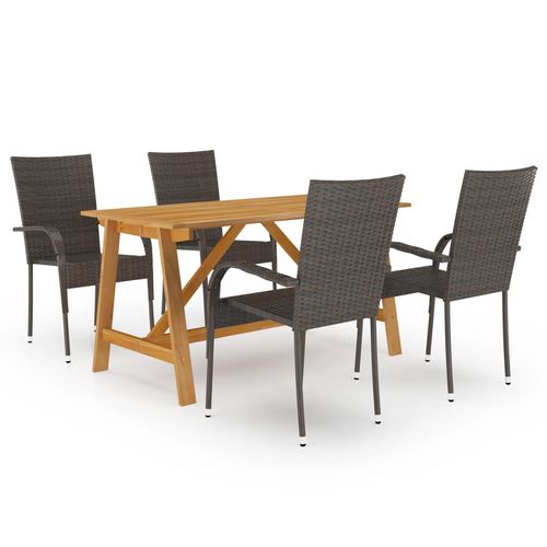 Stylishly enhance outdoor gatherings with the vidaXL 5 Piece Garden Dining Set, featuring acacia wood and rattan chairs.