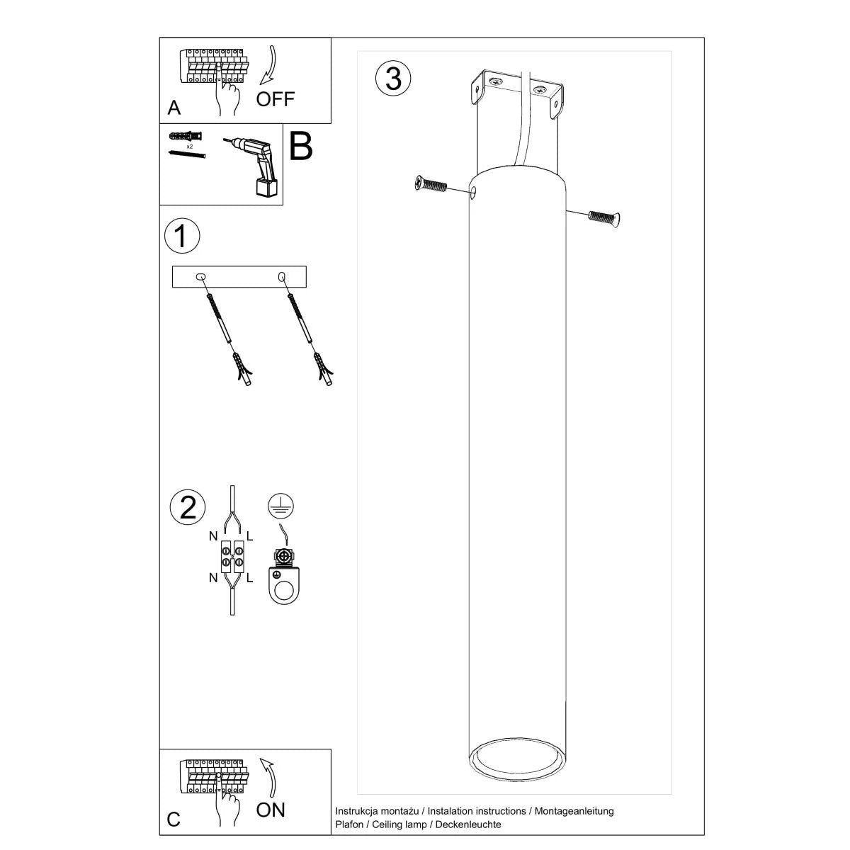 Lagos Ceiling Lamp 6x6x40 cm Steel GU10 Indoor by Sollux Lighting